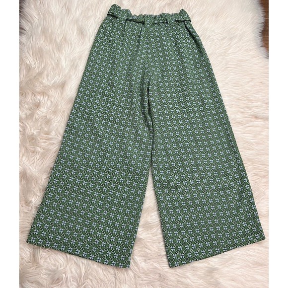 Max Studio Womens High Rise All-Over Print Trousers Wide Leg Green Daisy Size S - Picture 10 of 11